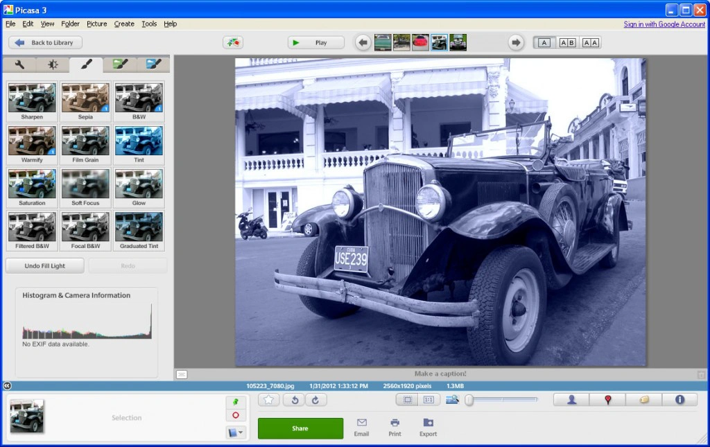 Effects tab in Picasa - A place to apply sepia or tint effects