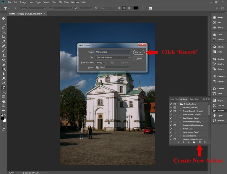 Batch watermarking in Photoshop tutorial - Step #2 - Record a watermarking action