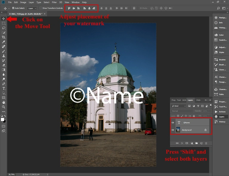 Batch watermarking in Photoshop tutorial - Step #4 - Arrange the watermark