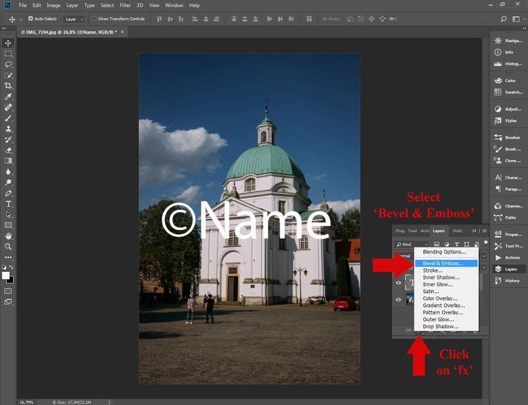 Batch watermarking in Photoshop tutorial - Step #5 - Apply a bevel effect to the watermark