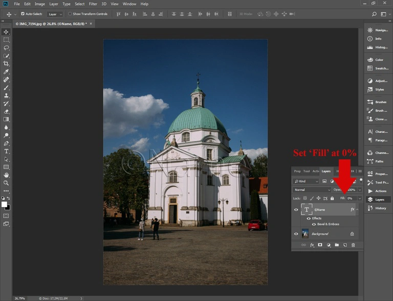 Batch watermarking in Photoshop tutorial - Step #6.1 - Set the Fill option to 0