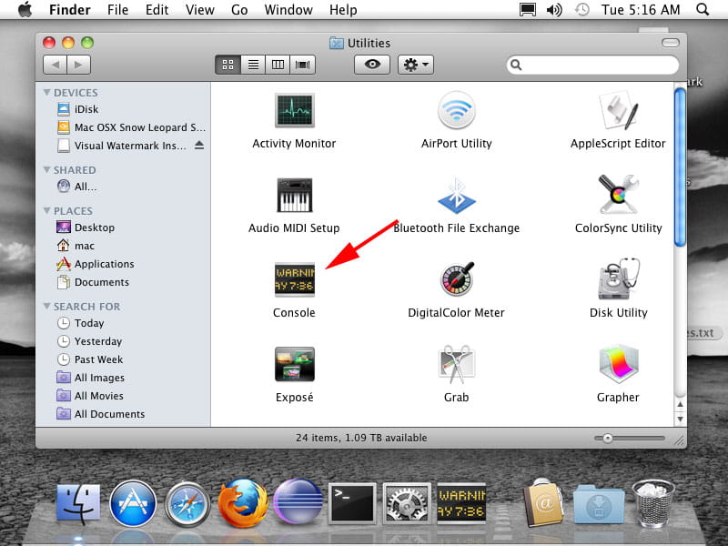 Find the Console app in the Utilities window