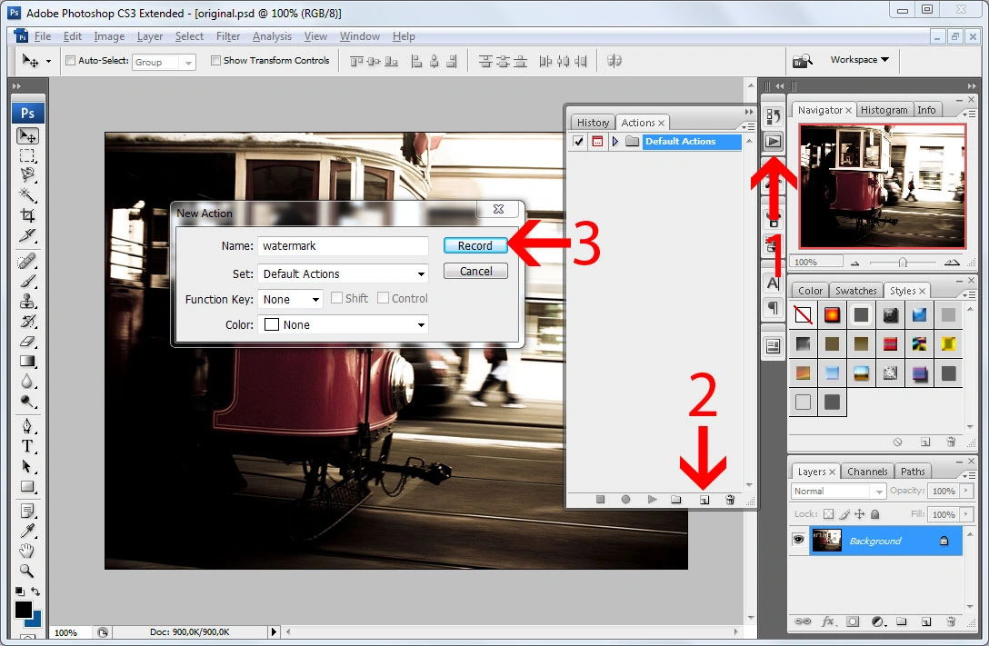 Batch watermarking in Photoshop tutorial - Step #2 - Record a watermarking action